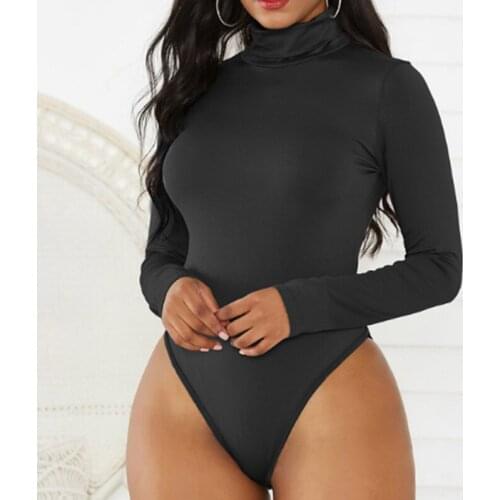 New Fashion Women Long Sleeve Bodysuit Fashion Stretch Sexy Solid High Collar Stretch Backing Jumpsuits Casual Ladies Rompers