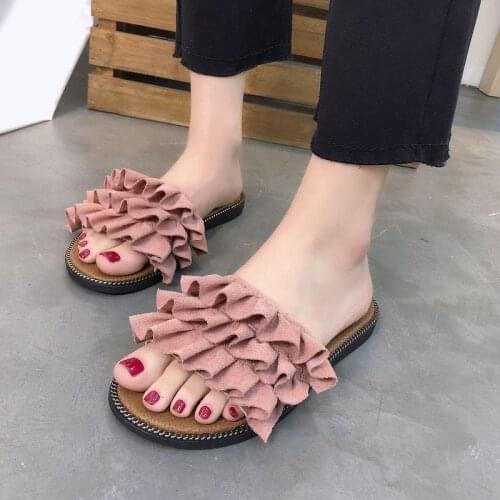 Outer Wear Flat Slippers Female Summer Fashion 2021 New Wild Go Out Net Red Word Sweet Lotus Leaf Sandals Tide Women Shoes