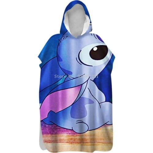 Disney Blue Stitch Cosplay Hooded Bath Towel Beach Baby Girls Boys Fleece Bath Towel Wrap Bathrobe Cute Cartoon Pajama Sleepwear