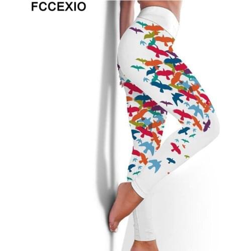 FCCEXIO High Waist Fitness Elastic Leggings Dense Cartoon Bird 3D Print Sexy Plus Size Leggins Casual Workout Sport Tight Pants