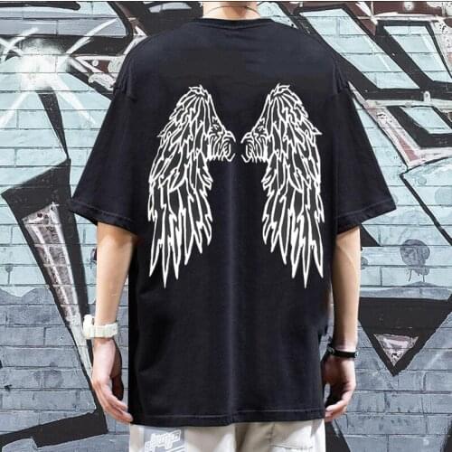S-8xl Dark Reflective Wings O-neck Short-sleeved T-shirt Male Street Loose Retro Couple Oversized T-shirt Half-sleeved Shirt