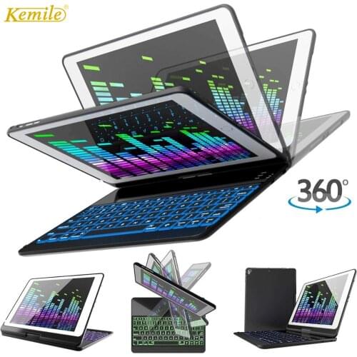 Kemile 7 Colors Backlit Smart 360 Degree Rotating Metal Wireless Bluetooth 3.0 Keyboard for ipad air 2 Cover For New iPad 2017