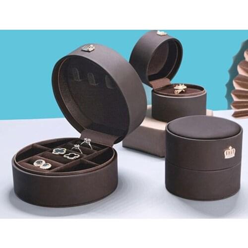 Round Crown Jewelry Box Travel PU Leather Jewellery Packaging Display Organizer Earring Ring Storage Case