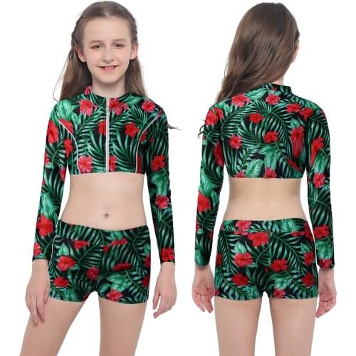 Girls Two Pieces Swimsuits Sun Protection Long Sleeves Patterns Printed Zipper Front Top and Bottoms Swimwear Children Beachwear