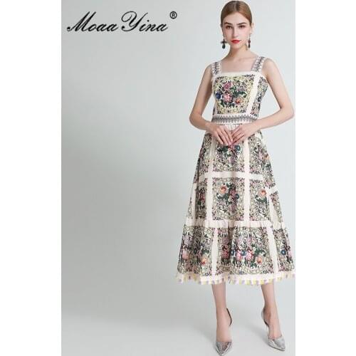 MoaaYina Fashion Designer dress Summer Womens Dress off shoulder spaghetti strap Beaded Tassel Rose Floral-Print Dresses