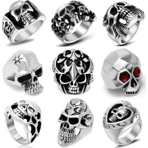 Punk Rock Men Stainless Steel Skull Ring Gothic High Quality Handmade Polish Skeleton Ring Vintage Jewelry Gift For Boyfriend
