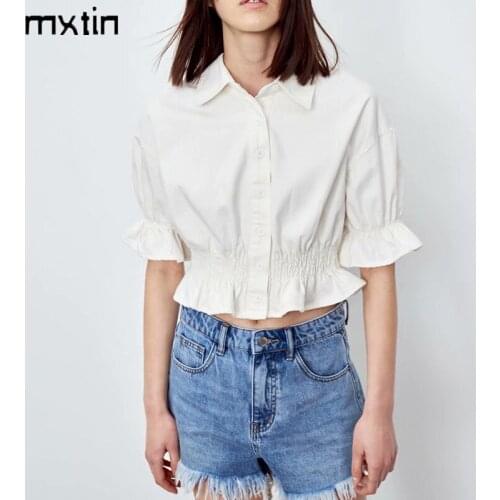 MXTIN 2021 Women Summer Vintage Solid Cropped Blouses Fashion Lapel Collar Butterfly Sleeve Offic Ladies Female Casual Tops