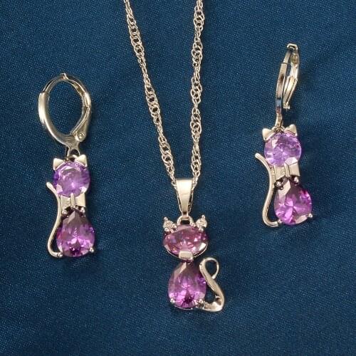 Women Jewelry Set Fashion Simple Cubic Zirconia Cat Jewelry Set Wedding Earrings Couple Necklace Give Girlfriend Birthday Gift