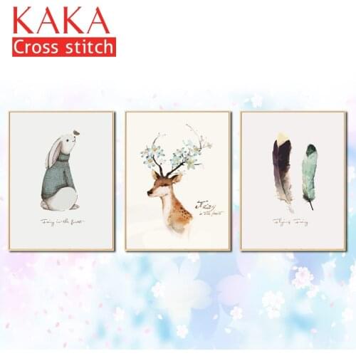 KAKA Cross stitch kits,5D Feather Deer Animals,Embroidery needlework sets with printed pattern,11CT canvas,Home Decor Painting