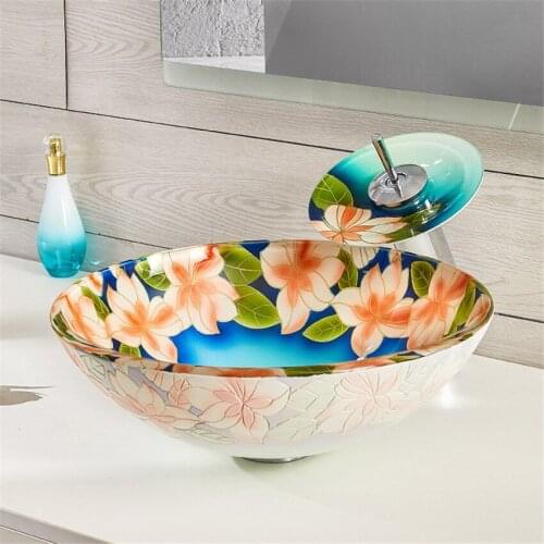 New Chinese style art glass wash basin Hand Painted Bathroom Wash Basin tempered glass balcony wash basin sanitary ware