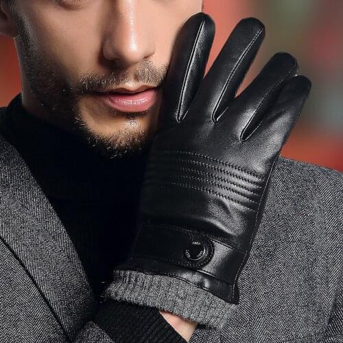 Real Leather Gloves Male Autumn Winter Warm Driving Sheepskin Gloves Mans Mittens Black Dark Brown TE2806