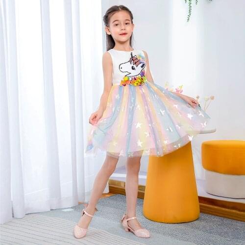 2021 European and American Unicorn Dress Rainbow Mesh Princess Dress Korean Version of The Girl Dress