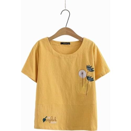 Plus size O-Neck Short sleeve Embroidery women t shirt 2021 summer ladies cotton tee shirt female top Navy yellow Coral red
