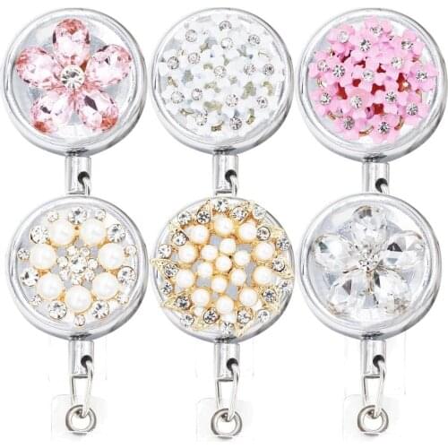 Bling Flowers Pearl Badge Reel ID Retractable Badge Holder Belt Clips Metal Heavy Duty Steel Wire Cord 3 Pack