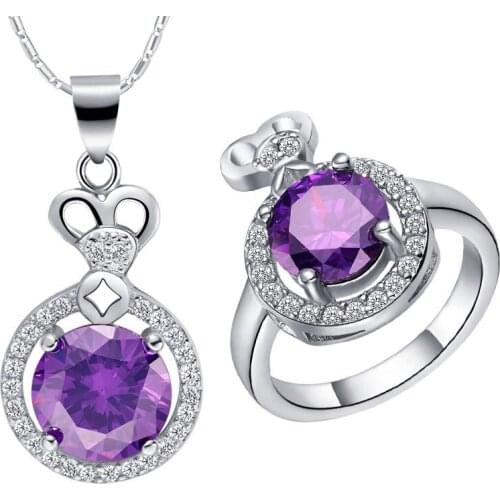 UFOORO Fashion Round Purple Zircon Paltinum Plated Silver White Gold Jewelry Set For Women Wedding Necklace Ring