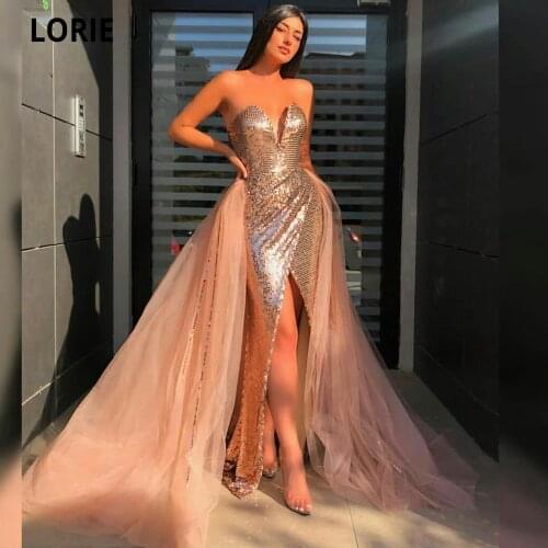 LORIE Champagne Gold Sequin Evening Dresses Mermaid with Detachable Train Sweetheart Tulle Prom Dress Overskirts Formal Gowns