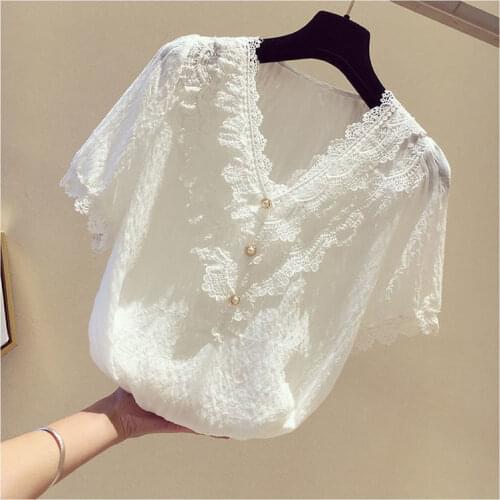 Summer Shirts Korean Ladies Fashion Short Sleeve Chiffon Shirt Simple Ruffle Button V Neck Top Office Blouse Women Blusas Mujer