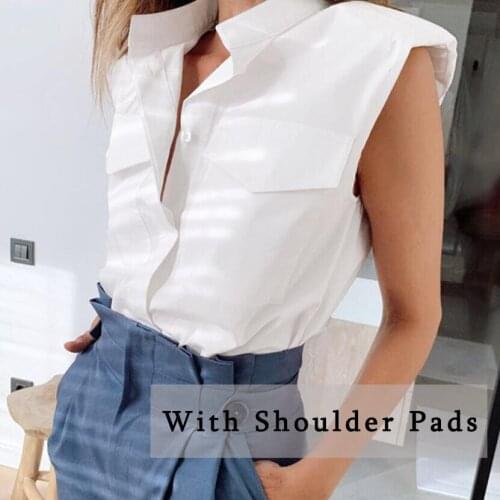 Women Loose Solid Shoulder Pads Sleeveless Shirts Casual 100% Cotton Lapel Neck White Tops Office Lady OL Clothing