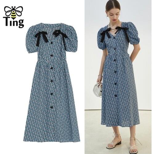 Tingfly Vintage Elegant Summer Women Puff Sleeve Bowknot Single Breasted Casual Dress France Chic Retro Midi Long Dress Elbise