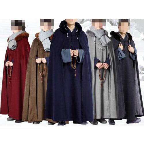 Unisex winter meditation cloak monks zen suits capeBuddhist shaolin monk cape kung fu uniform coat warm robe gray/blue/red/brown