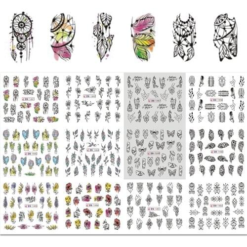 12pcs Nails Sticker Black Abstract Slider Water Decals Flower Russian Letters Nail Art Set Foils Decorations Designs