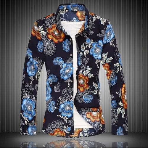 2021 Autumn Spring Clothes Chinese Print Flower Shirt MenS Long Sleeves Blouse Size 6XL 7XL Casual For Man