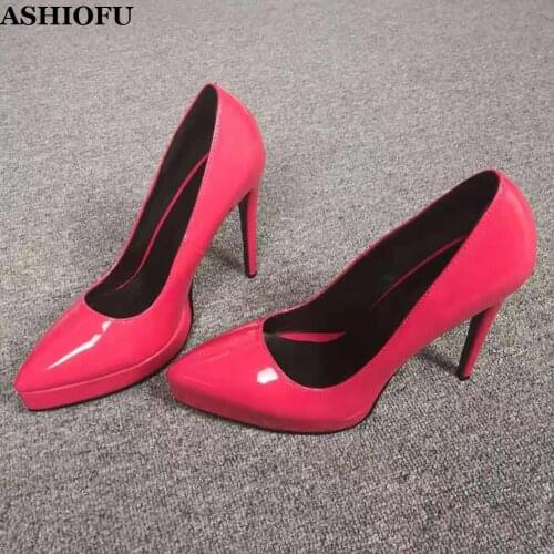 ASHIOFU Handmade Women High Heel Pumps Patent Leather Slip-on Wedding Party Dress Shoes Real Photos Evening Fashion Court Shoes