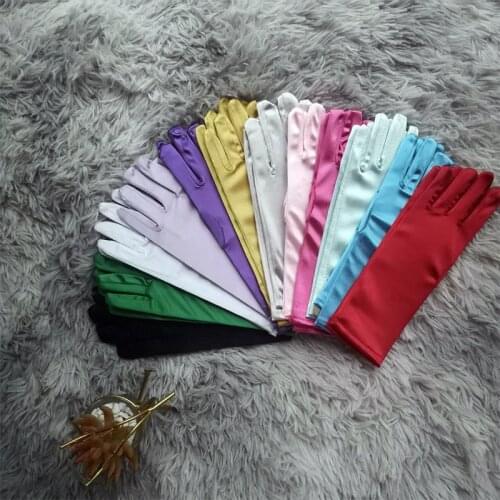 Wrist Length Satin Gloves For Children Finger Wedding Party Dress Gloves For Flower Girls Guantes Blue White Pink Gloves