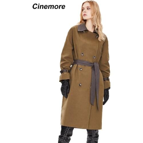 Cinemore New 2021 Spring Autumn Women Trench Coat Long Cotton Double Breasted Lapel Belt Femme Windbreaker Womens Jacket 92209