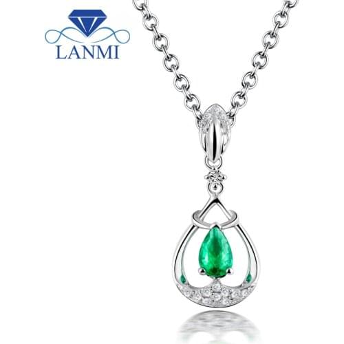 Elegant Design Solid 18K White Gold Natural Colombia Pear Emerald Pendant Necklace Genuine Gem Diamond Fine Jewelry for Women