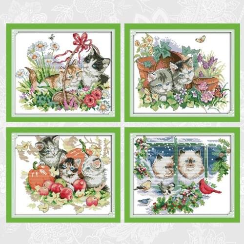 Four Seasons Cats Patterns Cross Stitch Kit Sale DMC Cotton Thread Embroidery Set DIY Handmade Home Decoration Crafts