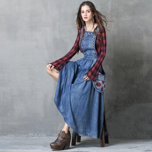 Johnature Spring Leisure Retro Embroidery Patchwork Pockets Strap Denim Dresses 2021 New Loose Comfortable Women Fashion Dress