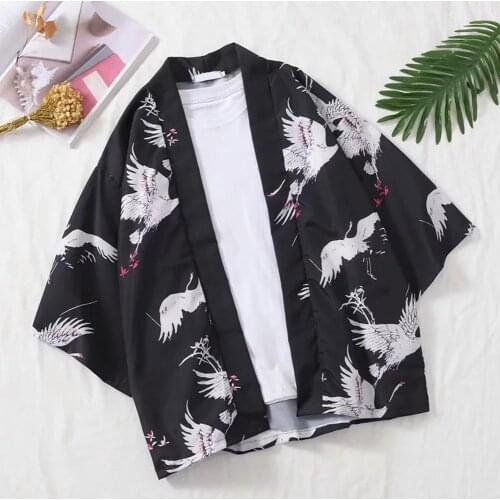 Casual Men Flying Crane Front Open 3/4 Sleeve Kimono Cardigan Yukata Coat Shirt Kimono Cardigan Yukata Coat Shirt Kimono Cardiga