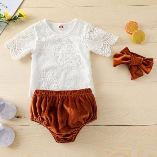 3PCS Baby Girls Clothing Set Girls Lace Romper Top+Solid Shorts+Headband Infant Summer Outfits Newborn Clothes Sets