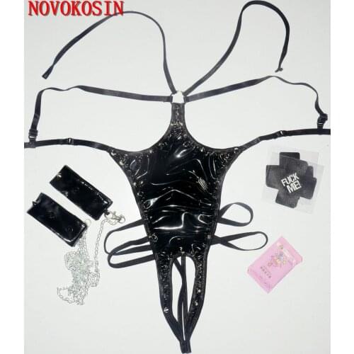 X141 2019 Sexy Lingerie set Black Red Open Bra Crotch Faux Leather Teddy Night Party Bodysuit With Milk Paste Chain Handcuffs