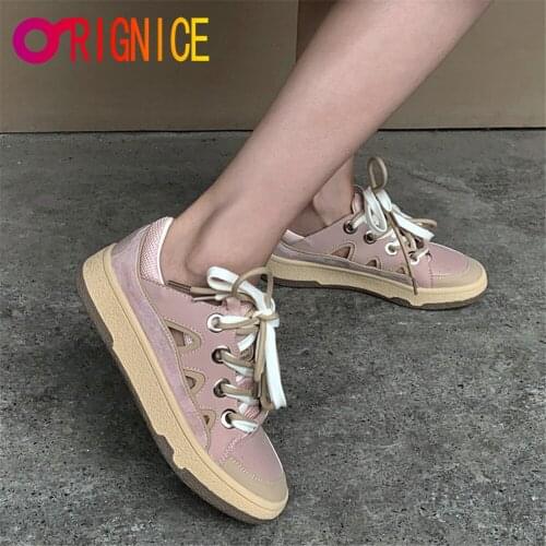 Orignice Fashion Genuine Leather Lace Up Round Toe Sneakers Spring Autumn Breathable Hole Flats Heels Casual Loafers Women Shoes