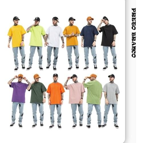 PRETO BRANCO Mens 2021 Summer Cotton 230g Heavy Solid Color Loose Round Neck Short Sleeve T-shirt Bottomed Shirt Advertising