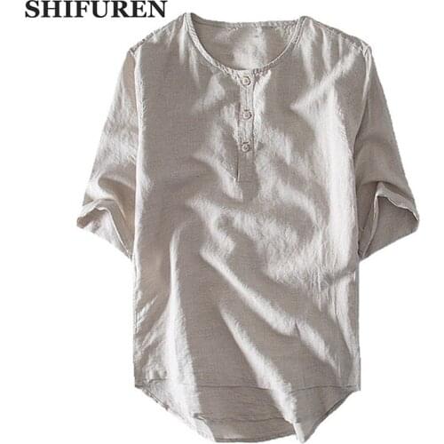 SHIFUREN Mens Casual Linen Cotton Shirts Half Sleeve Henley Shirts Tops Breathable Male Collarless Social Dress Shirts M-XXXL