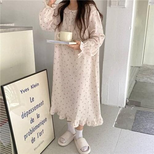 Women nightgown long sleeve gauze 100% cotton night sleep dress spring autumn floral print soft comfortable nightdress L346