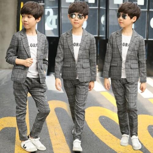 Autumn Children Formal Clothing Suit Boys Plaid Blazer Trousers 2pcs Set Kids Party Wedding Clothes Teens Gentleman Costume
