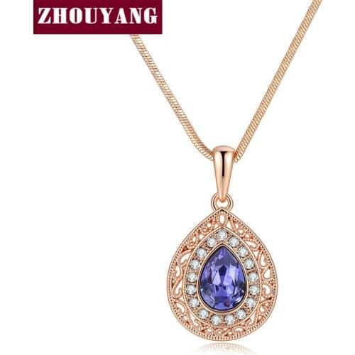 ZHOUYANG Pendant Necklace For Women Vintage Tear Drop Multicolor Cubic Zirconia Rose Gold Color Gift Fashion Jewelry N422 N495