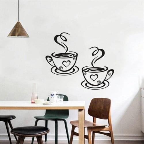 DIY PVC Love Heart Coffee Tea Cups Wall Stickers Black Coffee Cups Self-adhesive Wall Decals for Home Office Wall Art Design