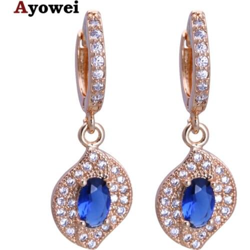 Ayowei Special desgin Crystal Earrings yellow gold color blue zircon fashion Jewelry Zirconia Drop Earrings JES1146A