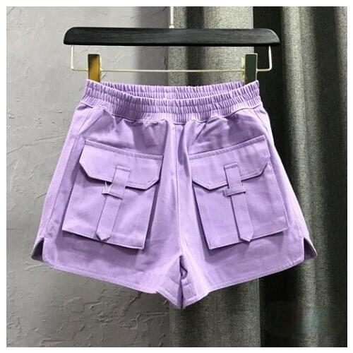 Elastic Waist Casual Denim Shorts for Women 2021 Summer New Purple Loose Hot Pants Trendy Female Clothing