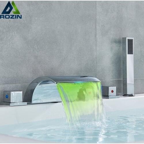 LED Color Changing Bathtub Faucet Waterfall Spout Tub Sink Mixer Tap Chrome Bathroom Hot Cold Water Faucet with Handshower
