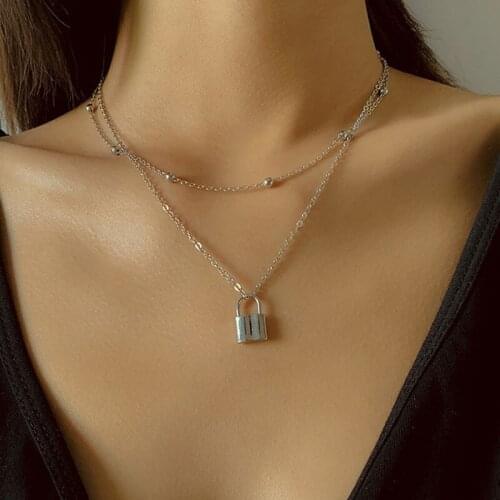 Vintage Double Layers Lock Pendant Necklace for Women Trending Beads Chains Geometric Clavicle Necklace Colar Jewelry Gift
