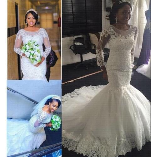 Scoop Neck Long Sleeves African Mermaid Wedding Dresses Charming Appliques Wedding Gowns Vestidos De Novia Beaded Bridal Dresses