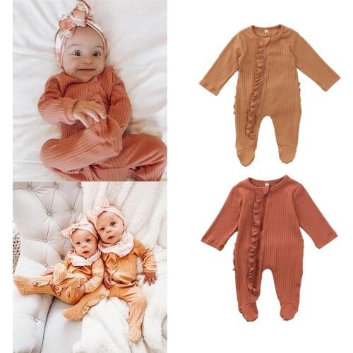Newborn Baby Boys Girls Long Sleeve Knitted Rompers Footed Pajamas Solid Casual Jumpsuit Ruffle Toddler Infant Sleepwear