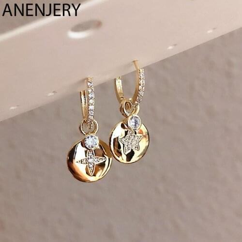 ANENJERY 925 Sterling Silver Asymmetric Micro-inlaid Zircon Star Round Earrings For Women Party Exquisite Hoop Earrings S-E1251
