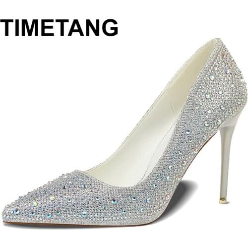 TIMETANG 2021New Women Pumps Glitter Crystal High Heels For Women Shoes Gold Black Elegant Wedding Chaussures Femme Stiletto